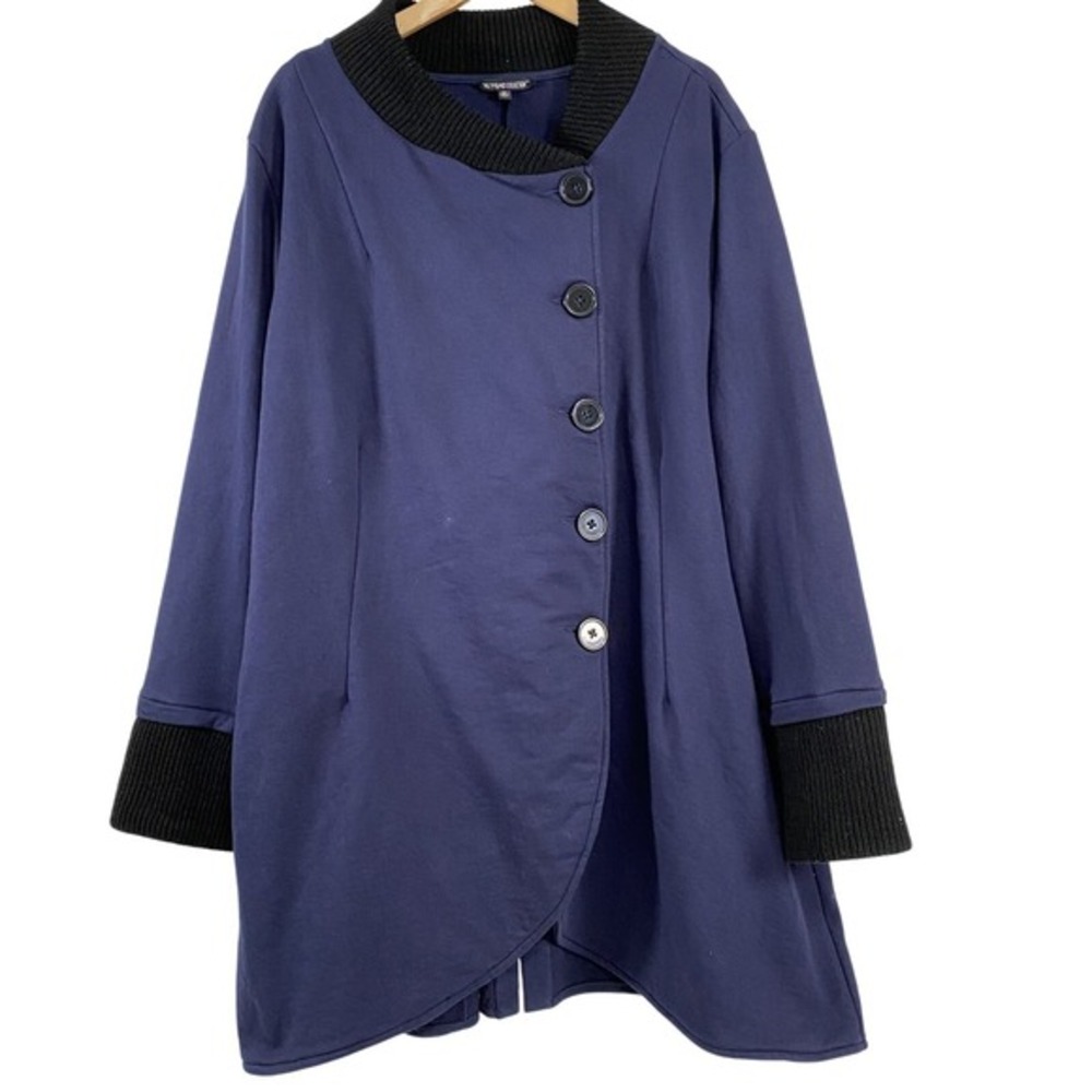 The Pyramid Collection Womens Asymmetric French Terry Jacket Coat sz 2X Blue Art